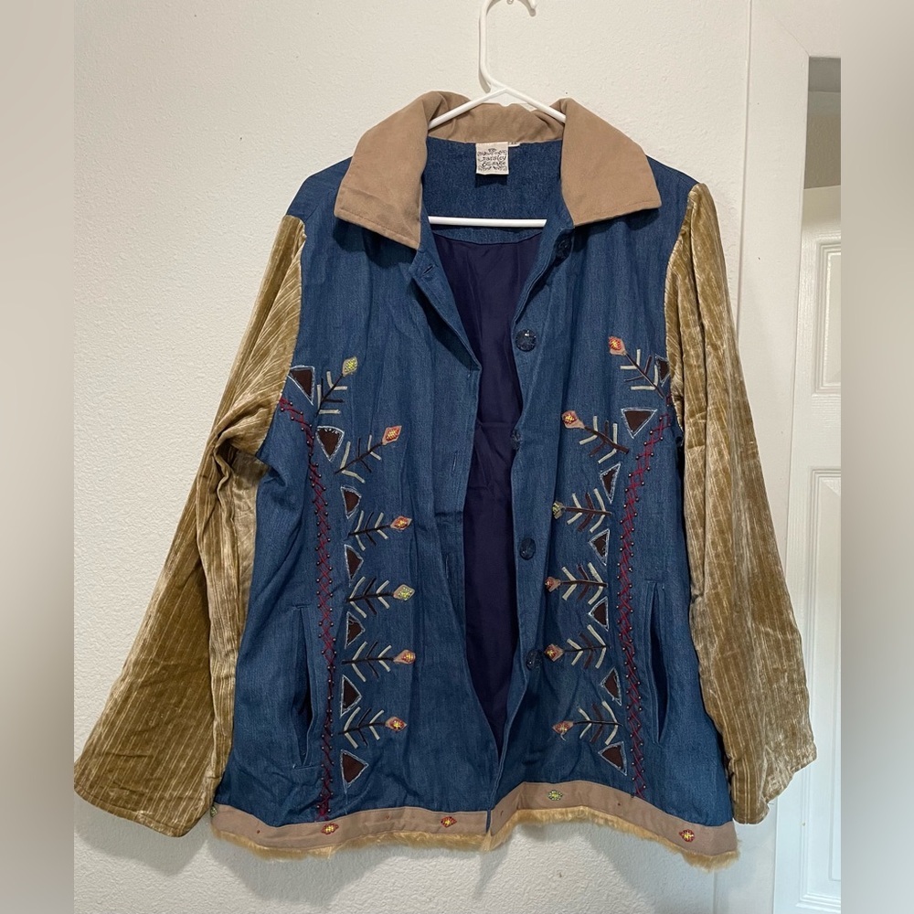 Parsley & Sage- Blue and Tan Embroidered Jean Jacket- vintage Size 1X |Winter